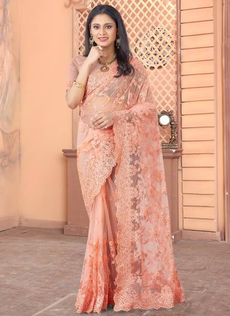 Peach Colour Utsav Nari GARLIC Designer Party Wear Net Heavy Embroidery Work With Moti And Stone Work Saree Collection 935